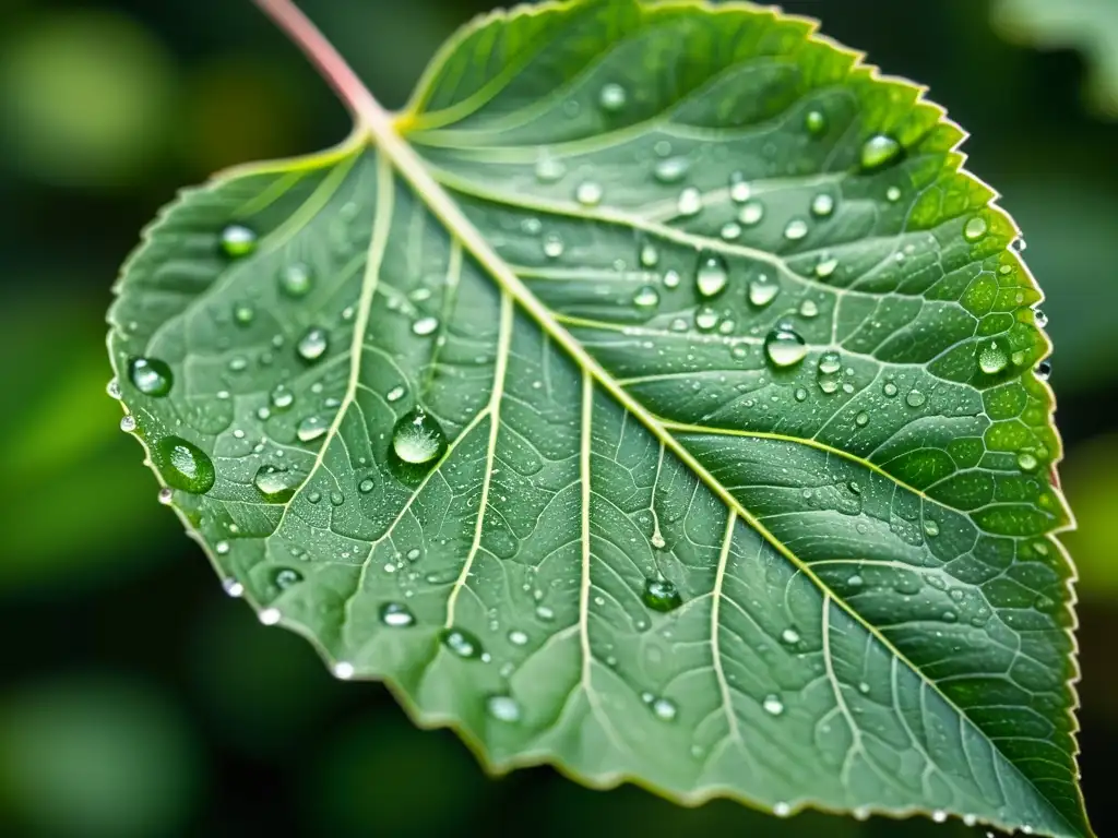 Detalle de una hoja verde con delicadas venas y gotas de agua, iluminada por luz natural