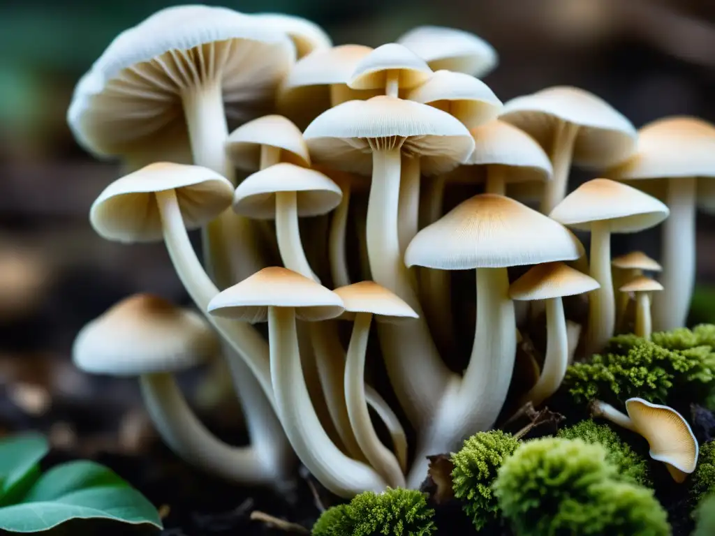 Detalle de hongos ostra en cultivo de hongos en casa sostenible, con gíllas delicadas y textura aterciopelada, bañados en luz natural