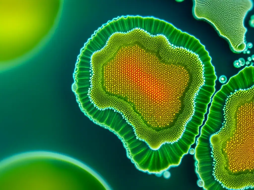 Detalle impresionante de una célula de alga verde bajo microscopio, con estructuras celulares y clorofila