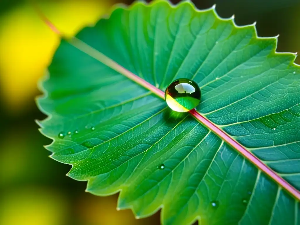 Detalle impresionante de una gota de agua en una hoja verde vibrante