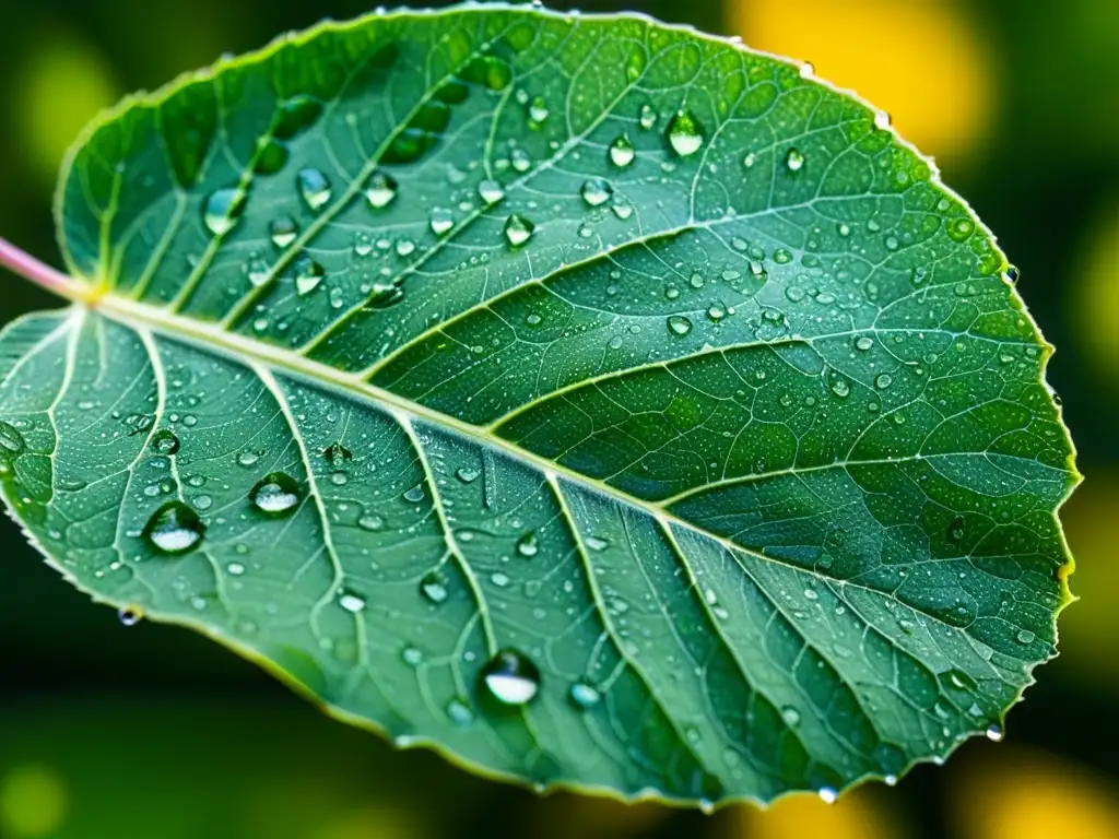 Detalle impresionante de gotas de lluvia en una hoja verde vibrante, reflejando su entorno