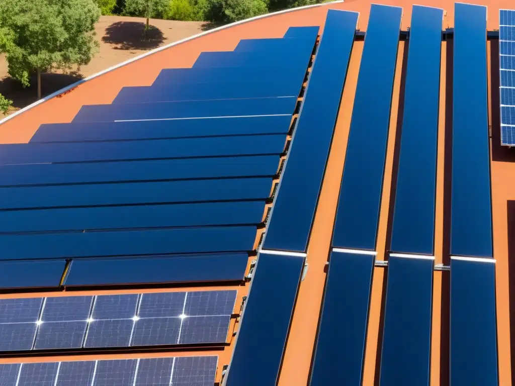 Detalle impresionante de instalación de paneles solares comunitarios, reflejando luz solar