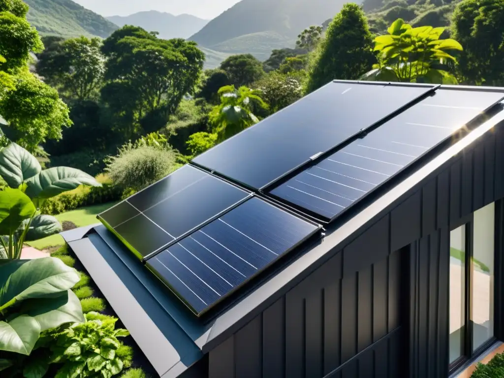 Detalle impresionante de panel solar negro en casa moderna rodeada de vegetación