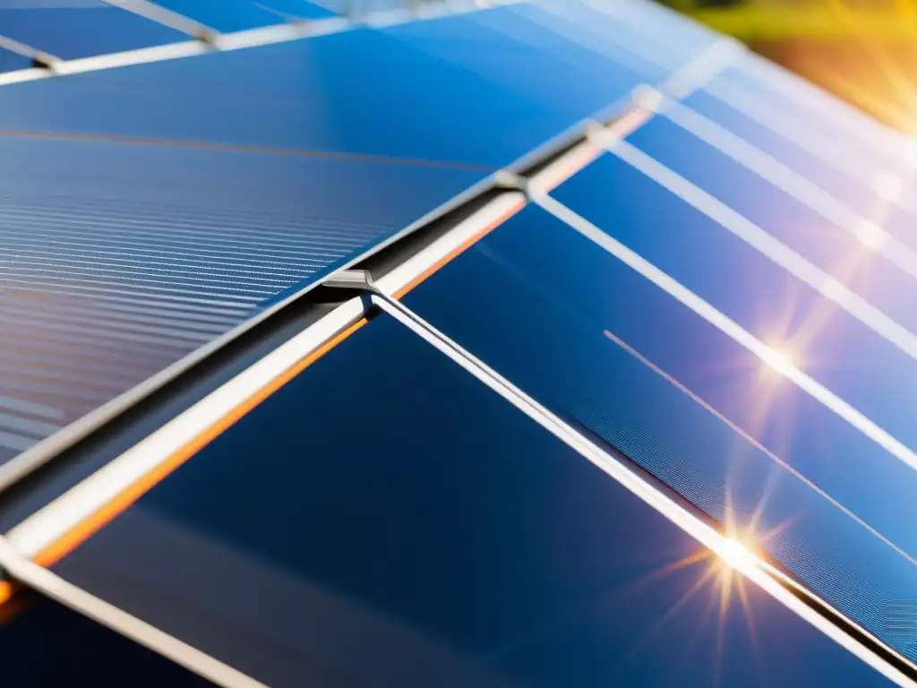 Detalle impresionante de un panel solar con reflejos de luz, mostrando la innovación y sostenibilidad de la huella de carbono de los paneles solares