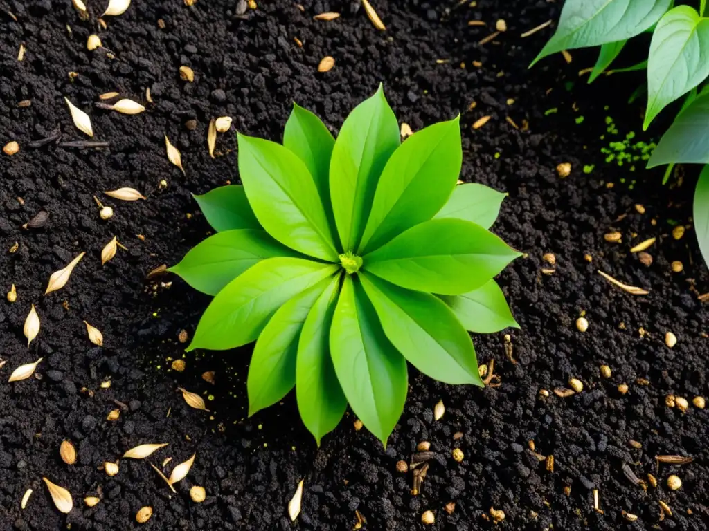 Detalle de un lecho de jardín cubierto con mantillo oscuro, resaltando la belleza del mulching para conservar agua suelo