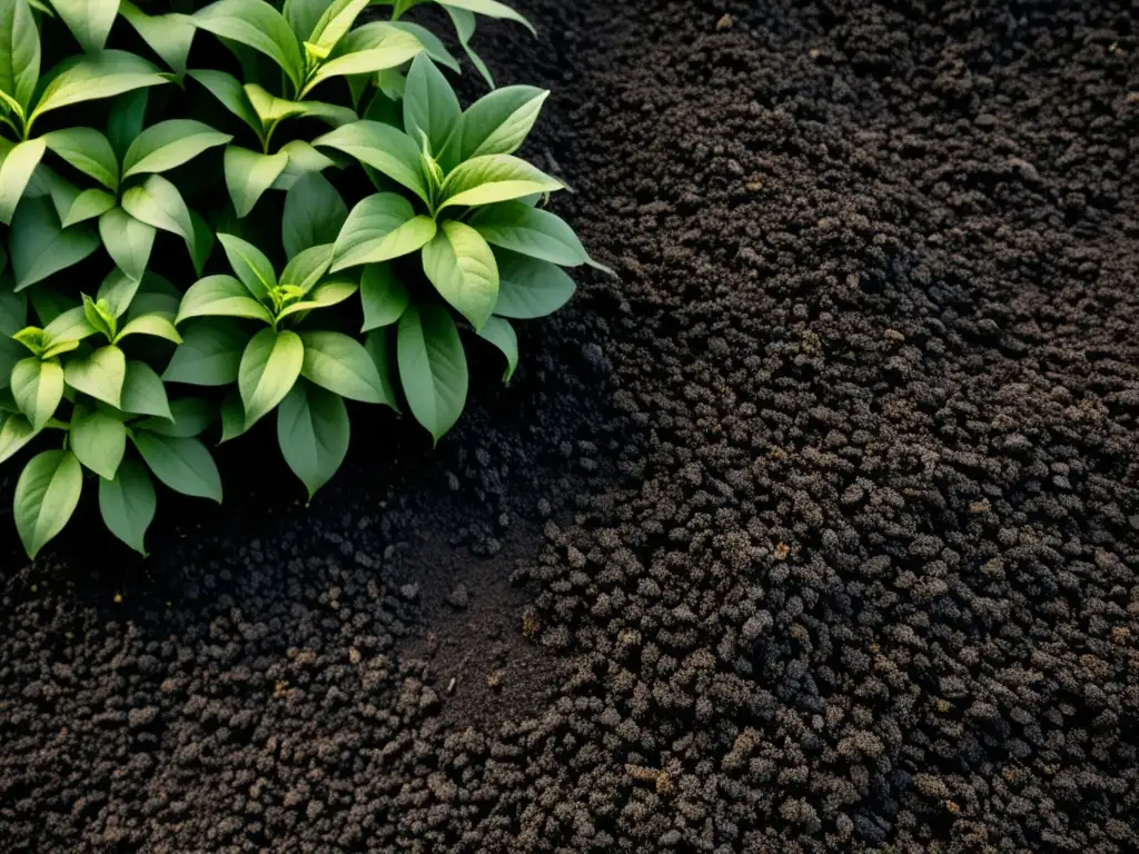 Detalle de un lecho de jardín cubierto con mantillo oscuro, resaltando su capacidad para conservar agua y promover la salud del suelo