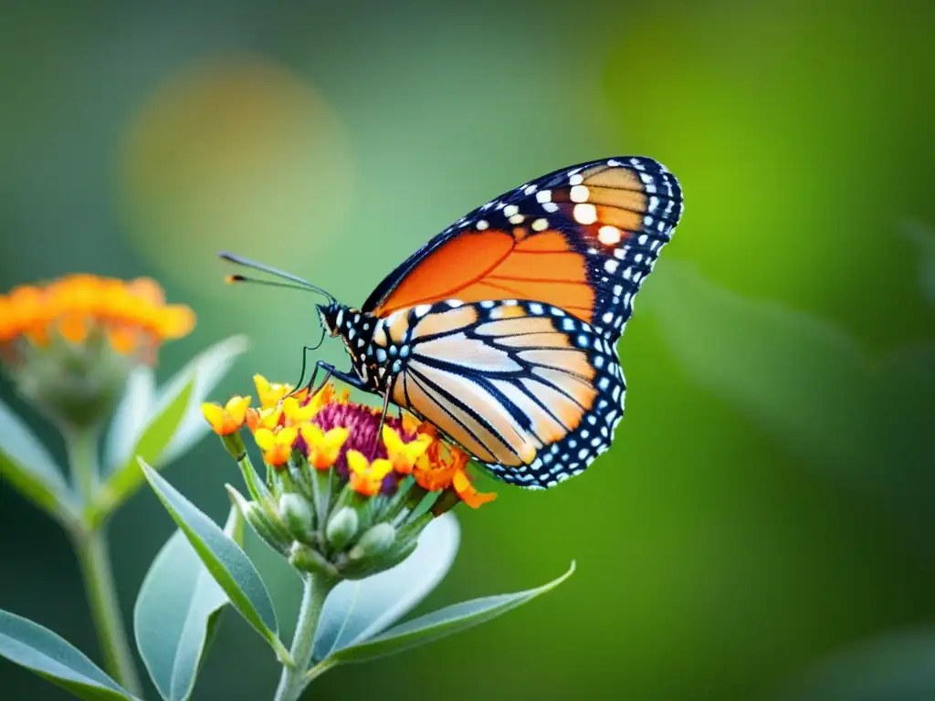 Detalle de mariposa monarca verde descansando en flor de asclepia naranja