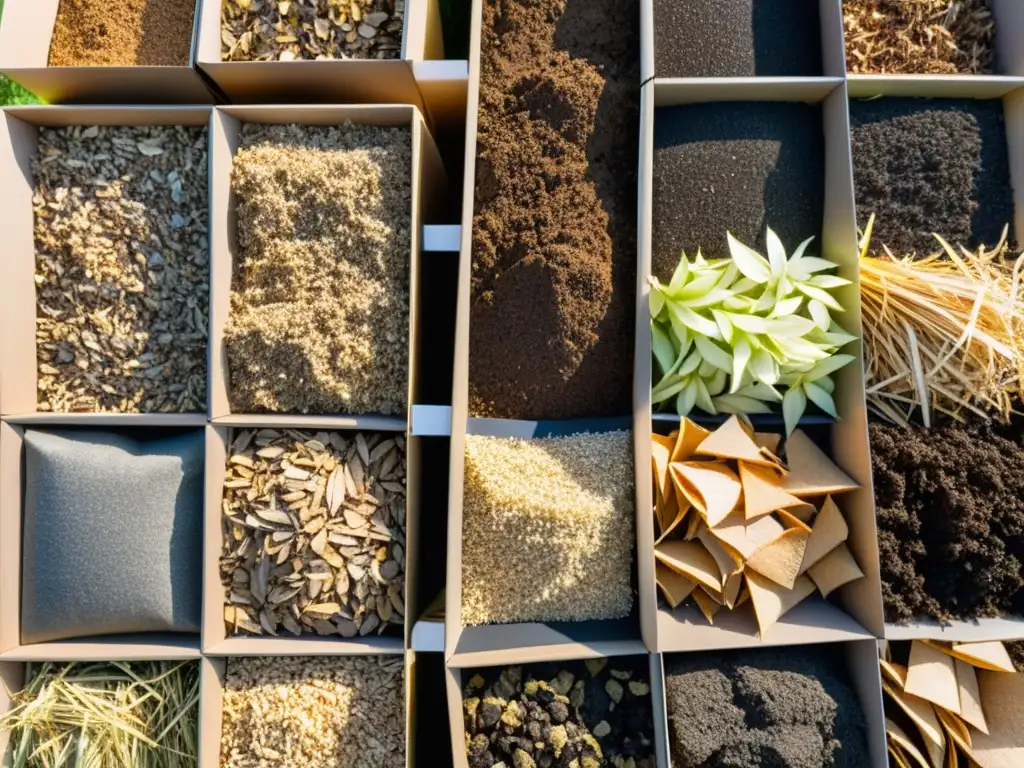 Detalle de diferentes materiales de acolchado para conservar agua y fertilidad del suelo, con texturas y colores vivos en un patrón ordenado