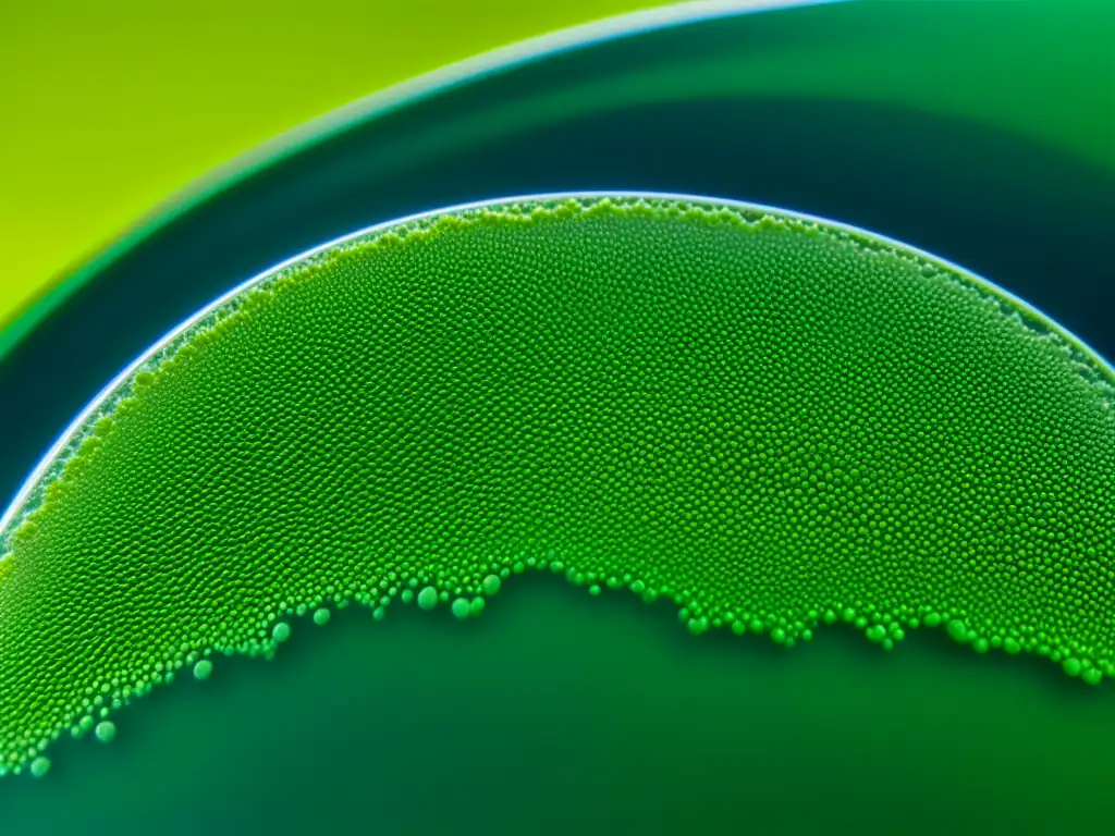 Detalle de microalgas verdes flotando en agua cristalina, resaltando la belleza y potencial como fuente bioenergética sostenible
