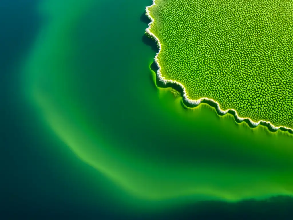 Detalle de microalgas verdes flotando en agua clara, con células y pigmentos de clorofila visibles