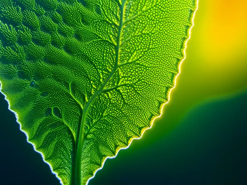 Detalle microscópico de alga verde con patrones celulares, bañada por la luz solar