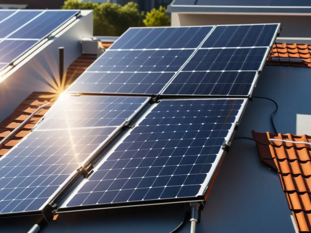 Detalle de instalación moderna de paneles solares para autosuficiencia en tejado, con estructura y cableado visibles, eficiencia y sostenibilidad