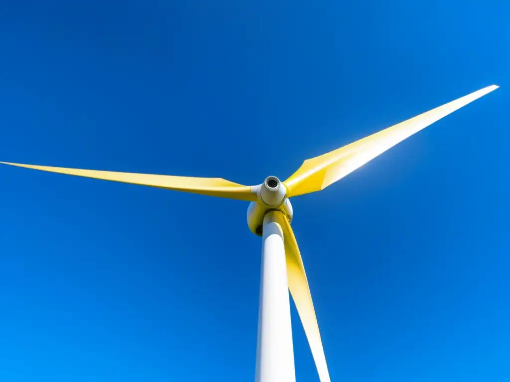 Detalle de una moderna turbina eólica en un cielo azul claro, reflejando la luz solar