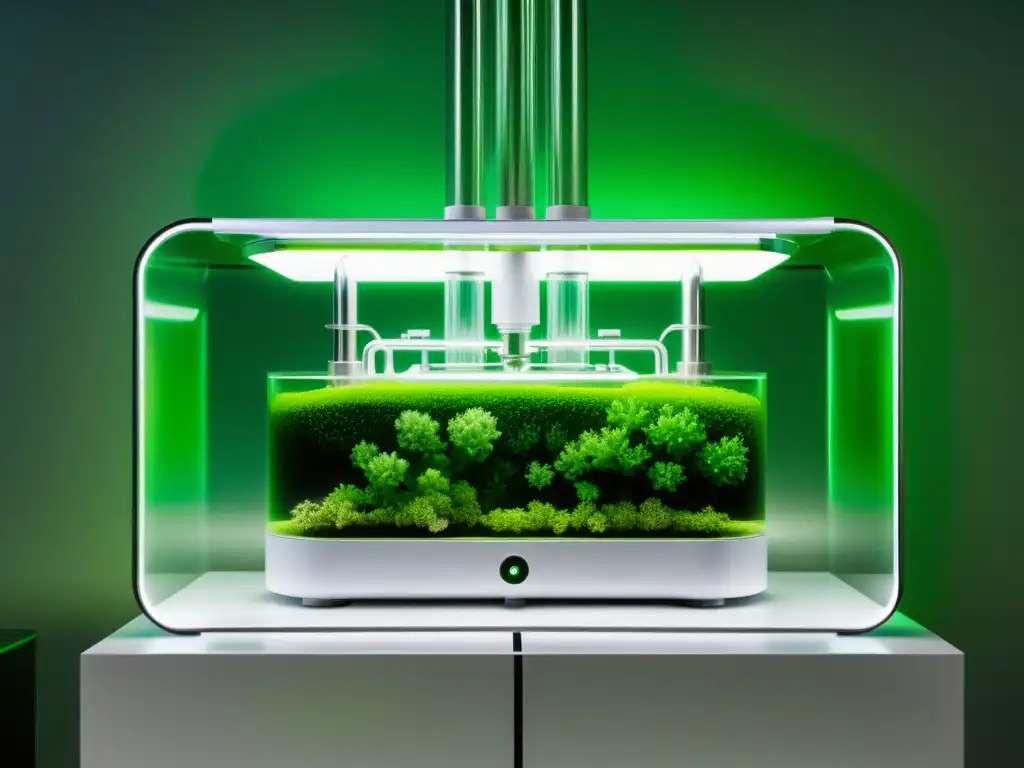 Detalle del moderno reactor de algas para bioenergía, con paneles futuristas, tuberías intrincadas y algas verdes vibrantes en cámaras transparentes