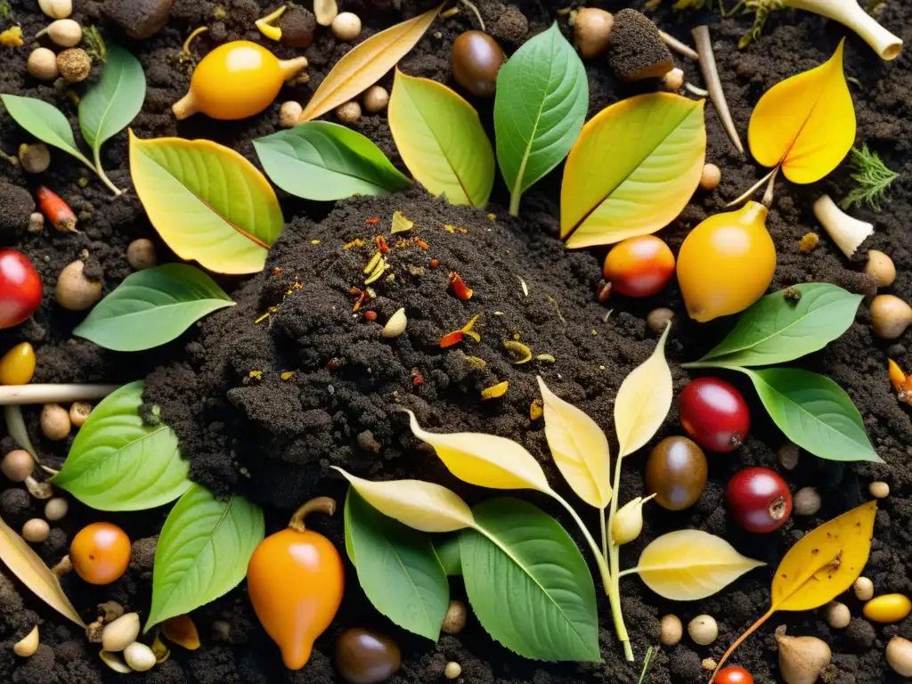 Detalle de un montón de compost, mostrando materia orgánica en descomposición, tierra fértil y microorganismos