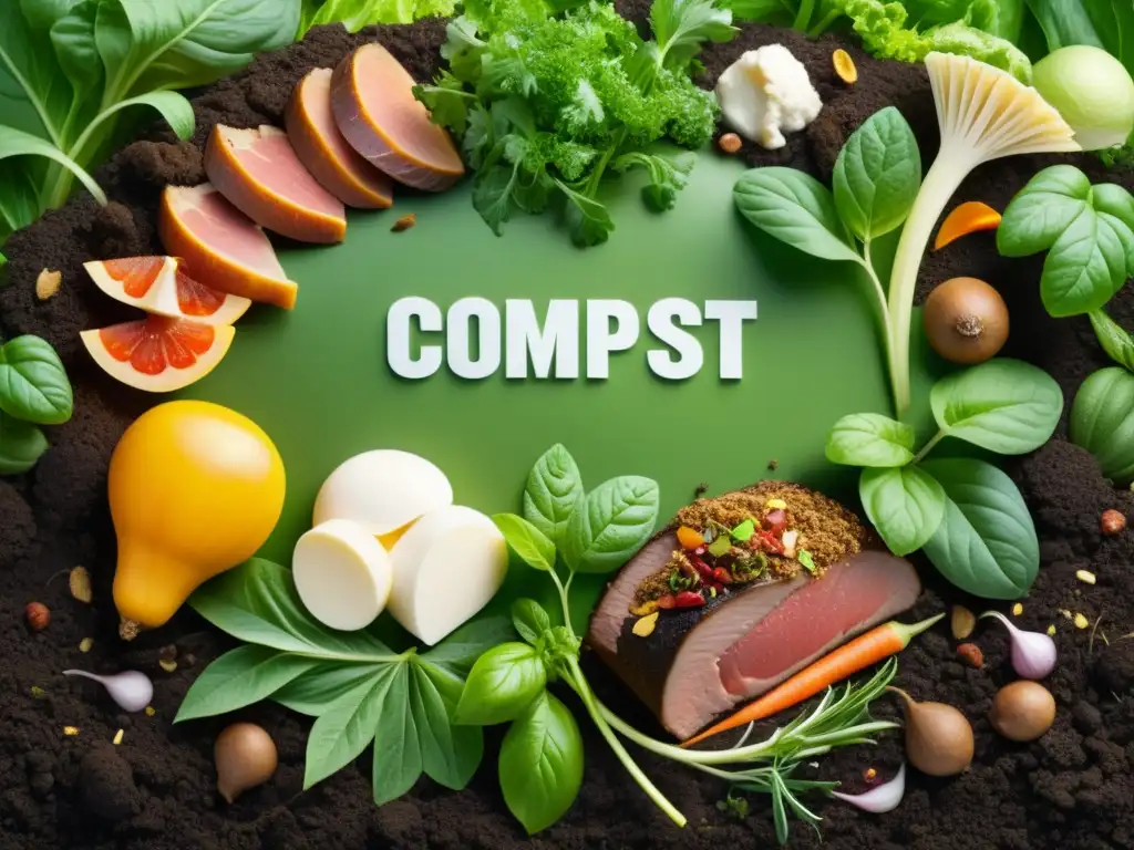 Detalle de un montón de compost con restos de alimentos, mostrando el proceso natural de descomposición y el compostaje de carnes y lácteos de forma segura, rodeado de suelo fértil y plantas verdes vibrantes