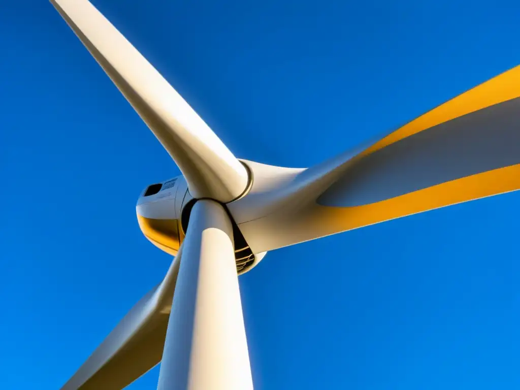 Detalle de una pala de turbina eólica bañada por suave luz dorada, resaltando su diseño aerodinámico y su larga vida útil con mantenimiento cuidadoso