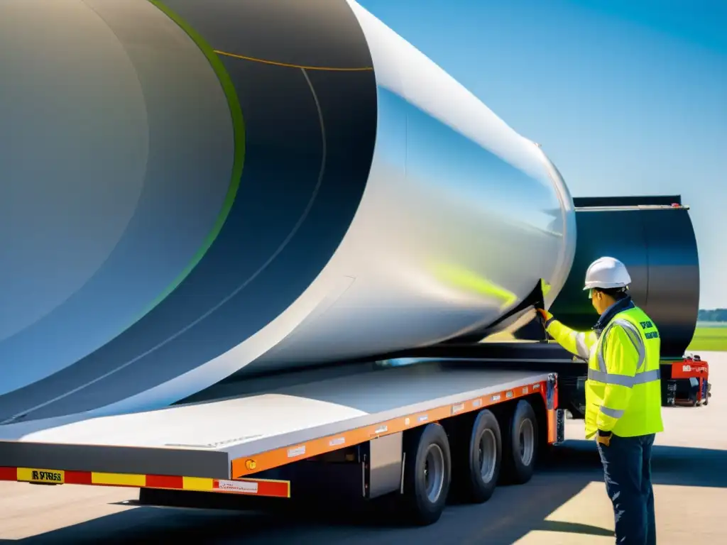 Detalle de una pala de turbina eólica moderna siendo cargada en un vehículo especializado