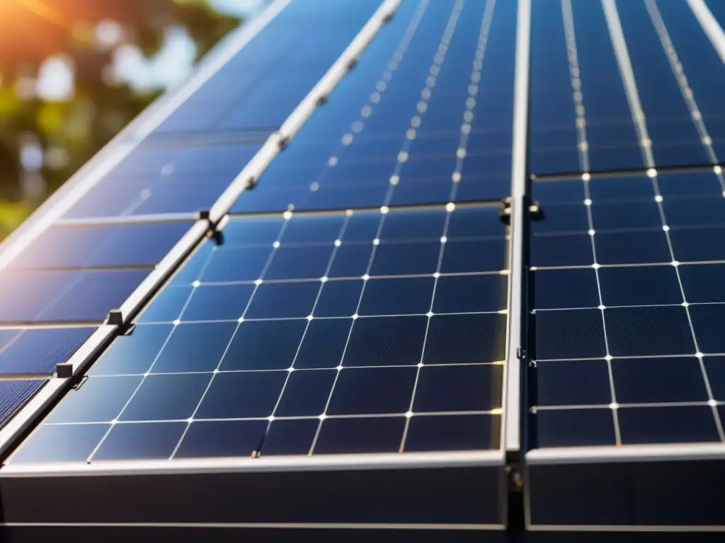 Detalle de panel solar negro brillante bajo la luz solar, mostrando la precisión y tecnología detrás de la generación de energía solar