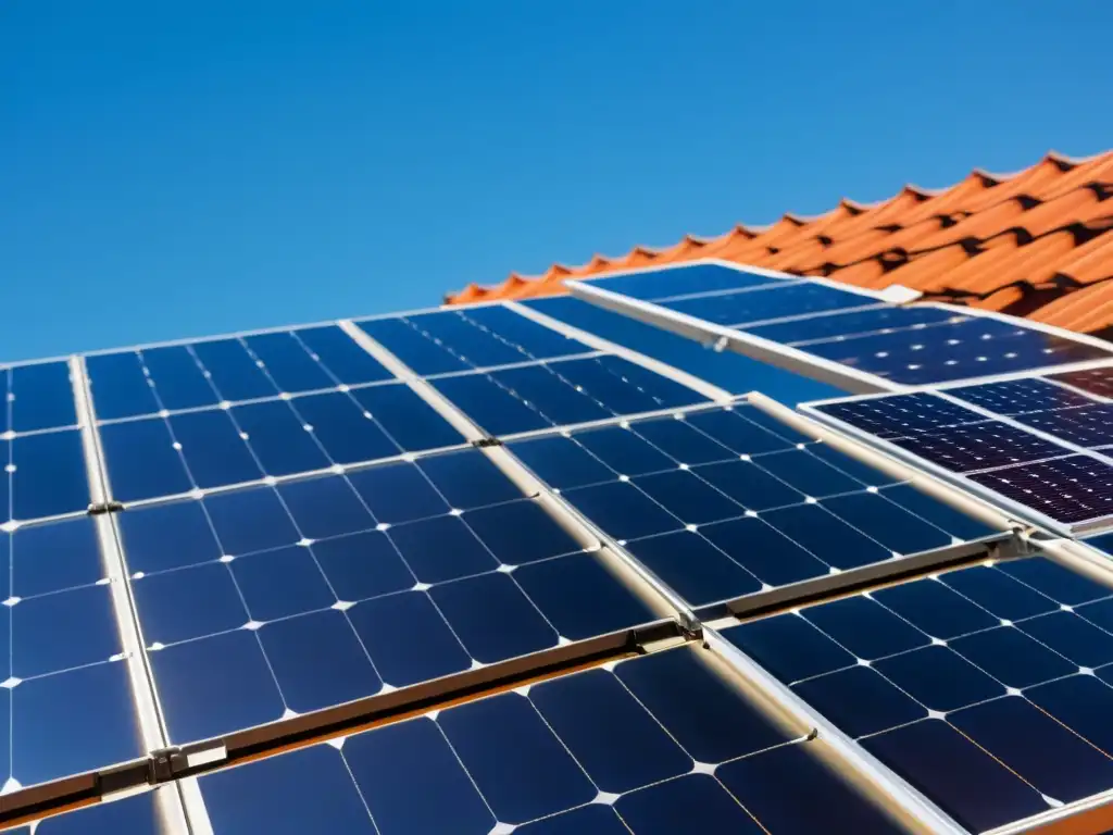 Detalle de paneles solares bajo cielo azul claro, reflejando la luz del sol, con indicadores de monitoreo de rendimiento