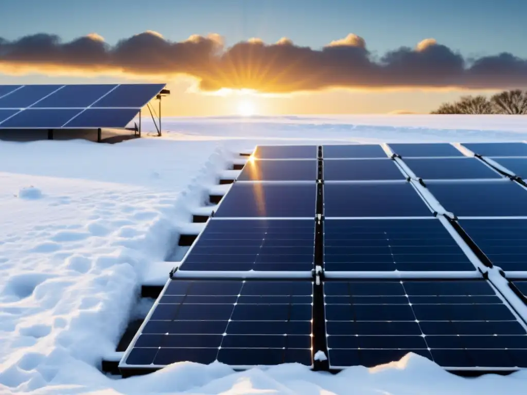 Detalle de paneles solares cubiertos de nieve, resaltando el contraste invernal