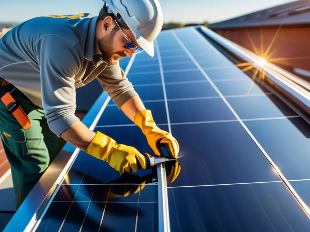 Detalle de instalación paneles solares paso a paso con precisión y expertise, bajo el cielo azul brillante