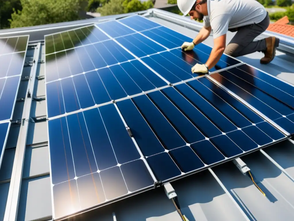 Detalle de instalación paso a paso de paneles solares en un tejado, resaltando la precisión y potencial de energía limpia