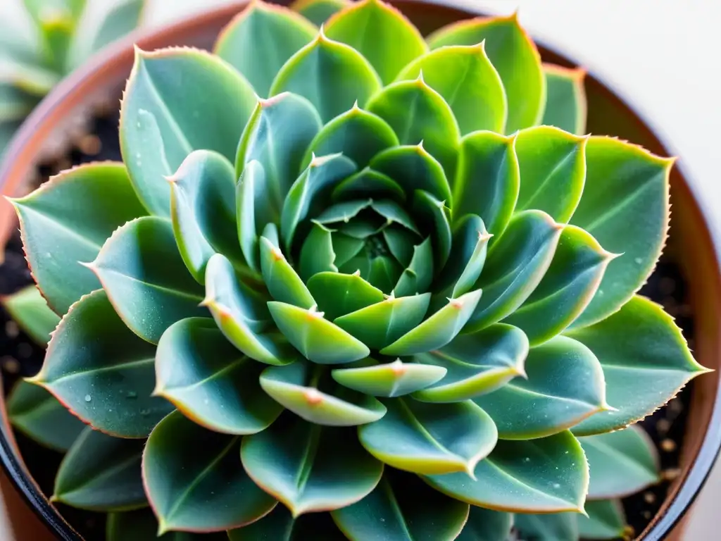 Detalle de planta suculenta verde con patrones de almacenamiento de agua, iluminada por el sol