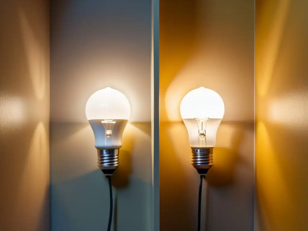 Iluminación incandescente vs LED: Detalles impactantes Detalle de dos salas iluminadas, una cálida y amarilla por bombillas incandescentes, la otra fría y brillante por luces LED