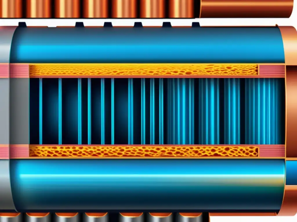 Detalle de una sección transversal de una batería de iones de litio, mostrando sus capas de electrodos, separador y electrolito