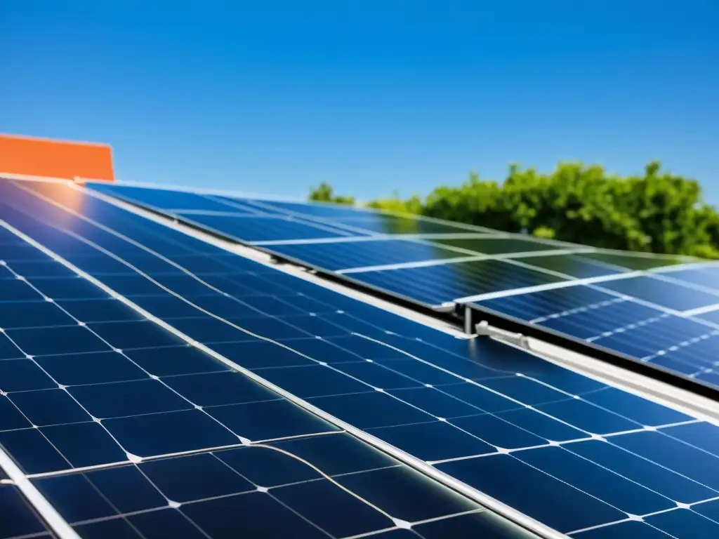 Detalle de instalación segura de paneles solares domésticos en tejado, con cielo azul de fondo