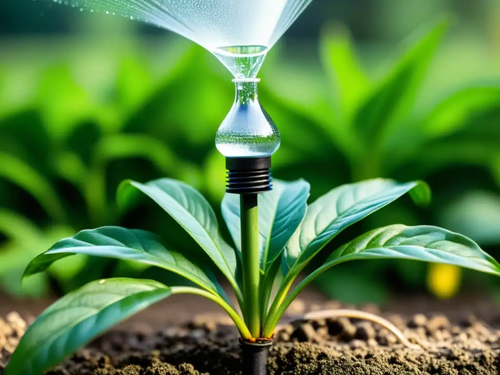 Detalle de técnica de riego eficiente en jardín sostenible, con gotas de agua y plantas vibrantes