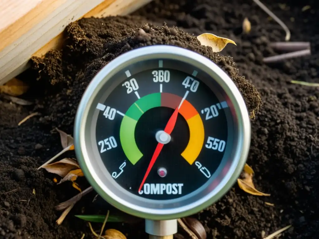 Detalle de termómetro de compostaje en ajuste temperatura compostera sostenible, mostrando compost rico y vaporoso