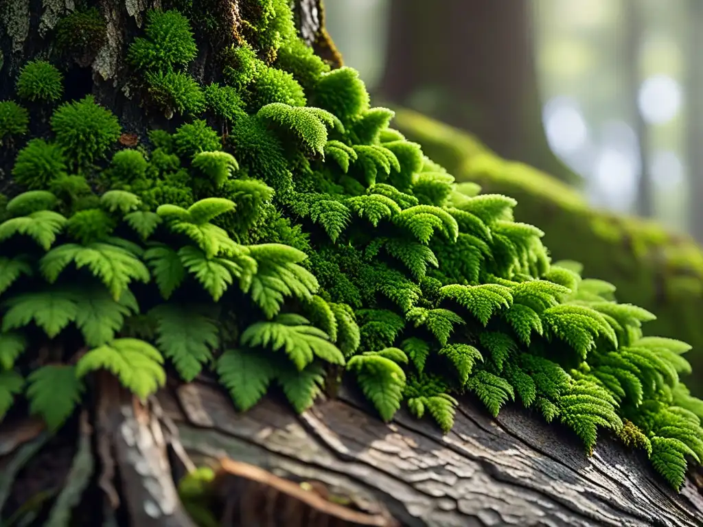 Detalle de musgo verde vibrante en un árbol, bioindicadores de un jardín hogar sostenible con texturas y patrones naturales