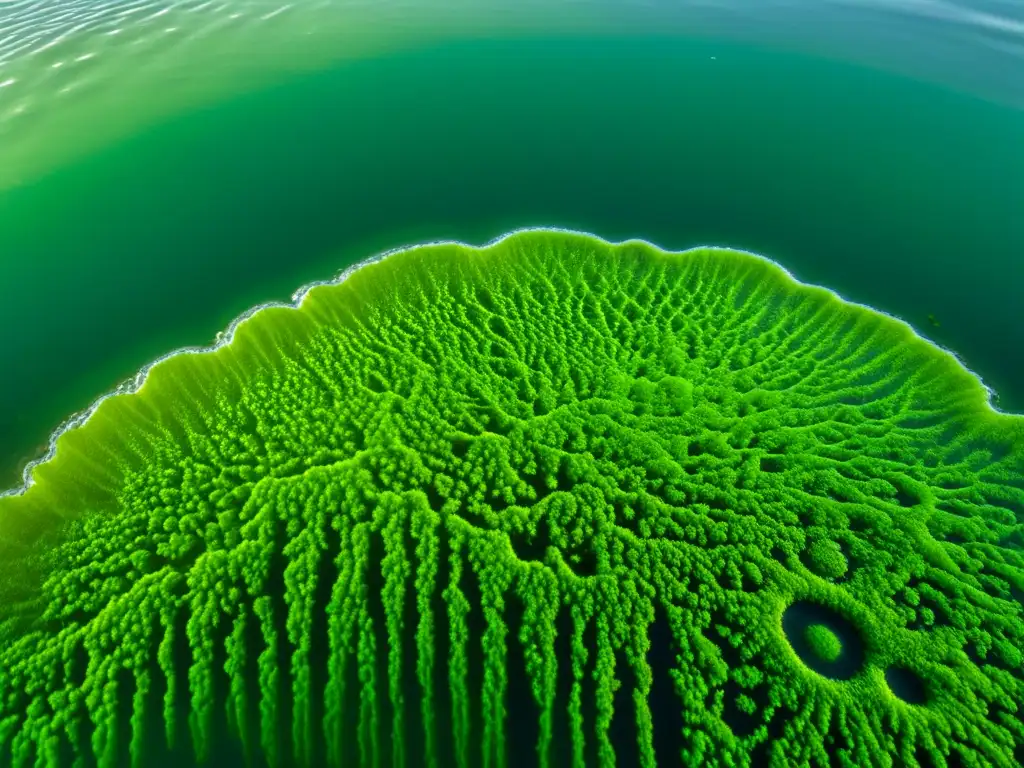 Detalle vibrante de algas verdes flotando en agua clara, con estructuras intrincadas y burbujas de aire