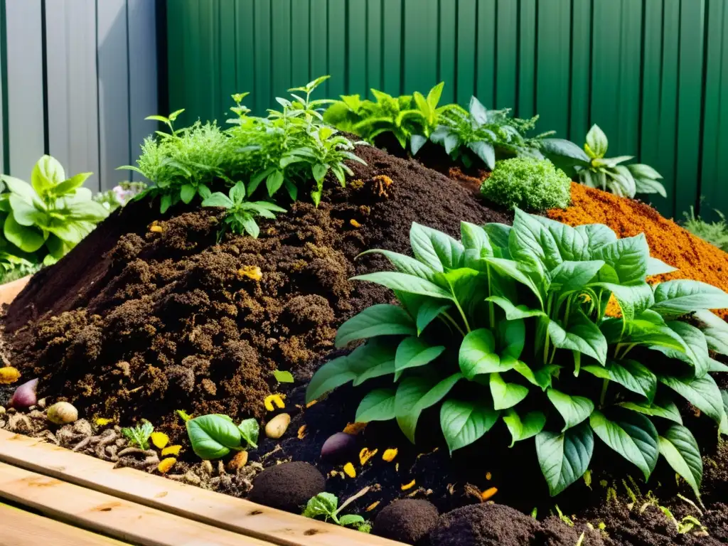 Detalle vibrante del compost urbano en un jardín organizado, mostrando el ciclo de vida del compost urbano enriquecido