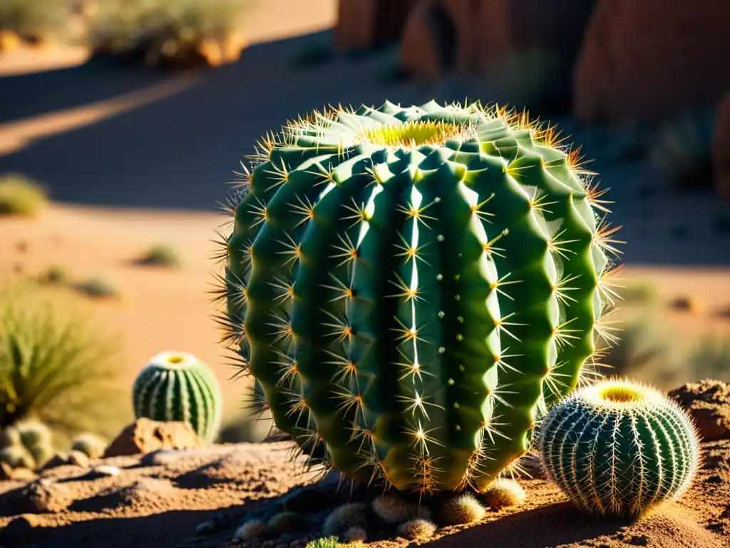 Espléndido cactus verde en desierto: texturas y sombras Detalle de cactus verde vibrante en paisaje desértico, resaltando su resistencia y belleza en entorno seco