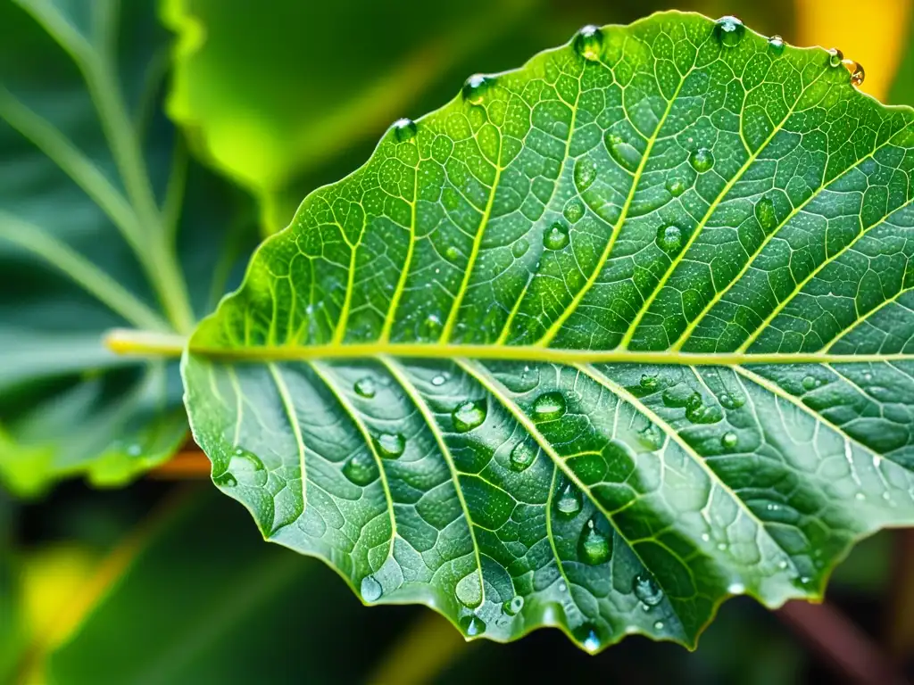 Detalles asombrosos de una hoja de lechuga verde vibrante con gotas de agua, reflejando el jardín