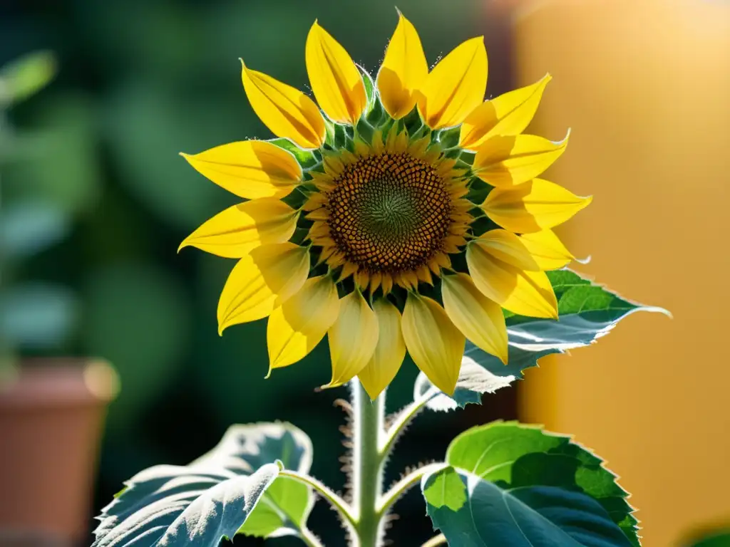 Detalles exquisitos de una planta de girasol en crecimiento en maceta