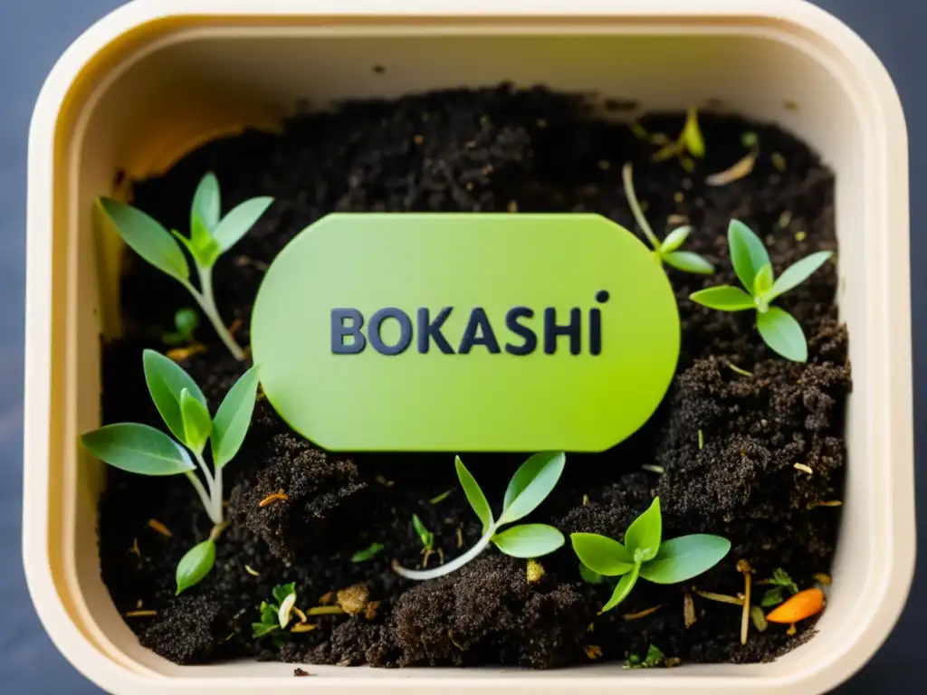 Detalles del método japonés Bokashi para compostaje doméstico, con compostaje rico y brotes verdes emergiendo