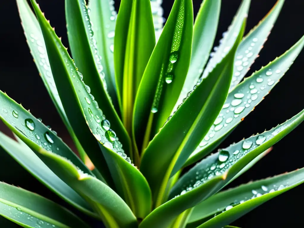 Detalles de una planta de Aloe Vera con gotas de agua, mostrando su belleza natural