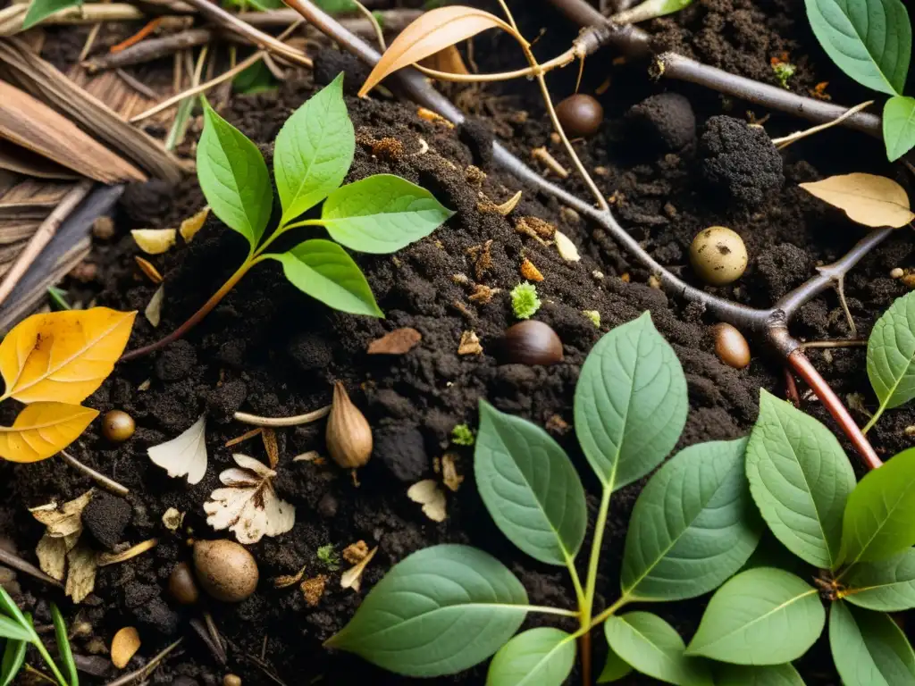 Textura rica y natural de la compost: detalle en alta resolución Detalles ricos y textura oscura de compostaje en casa para mejorar calidad compost en casa
