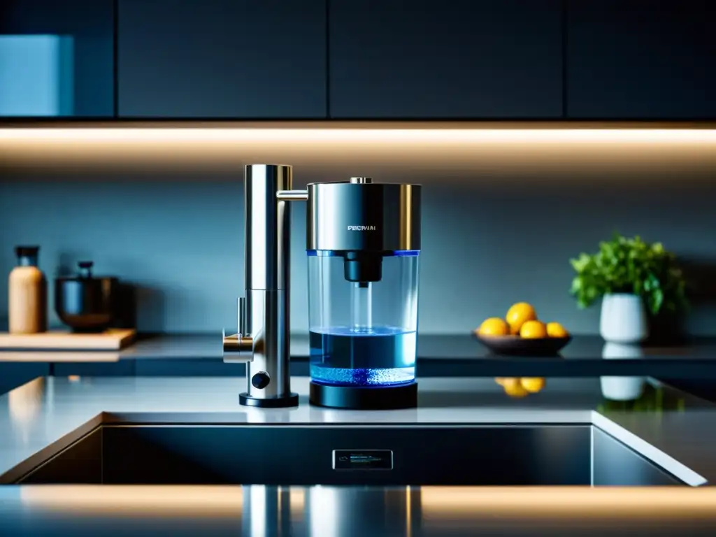 Sistema de purificación de agua de diseño innovador en cocina minimalista Detalles de un sistema de purificación de agua de bajo costo en una cocina minimalista, elegante y sofisticada