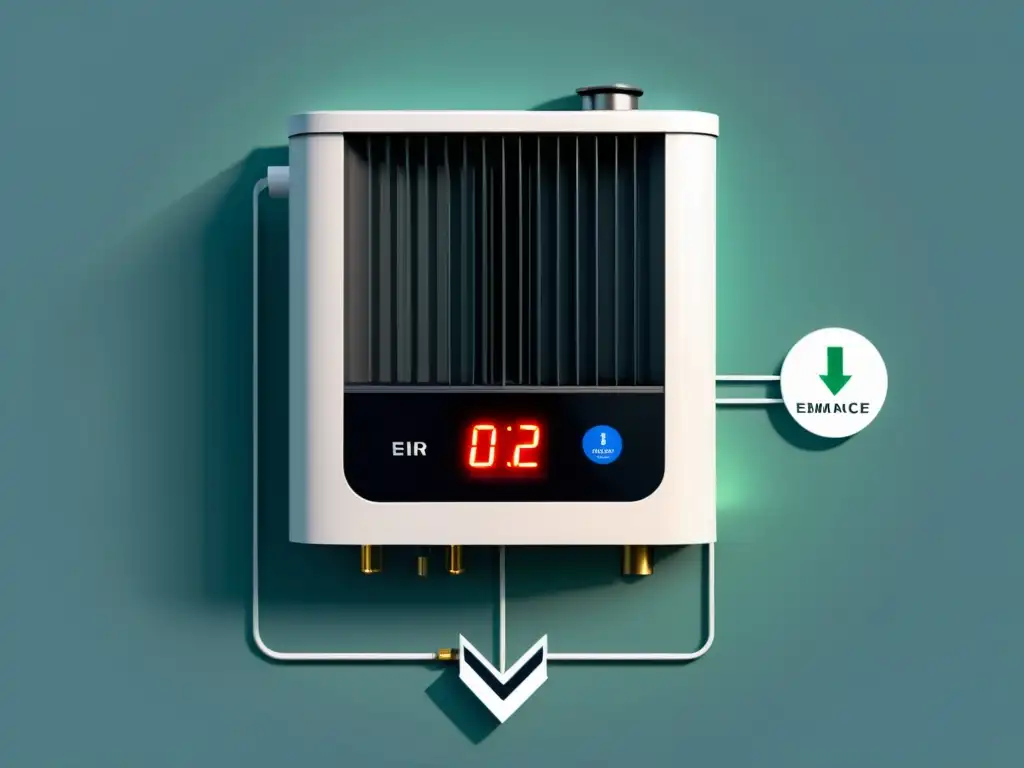 Diagrama minimalista de normativas calefacción central emisiones: unidad eficiente con filtros, sensores y mecanismos de ahorro energético