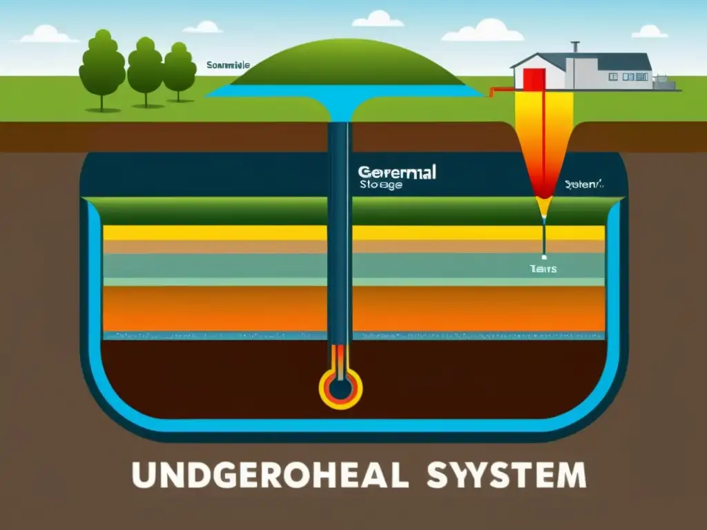 Diagrama minimalista de un sistema de almacenamiento térmico geotérmico sostenible en el subsuelo, mostrando capas terrestres y componentes clave