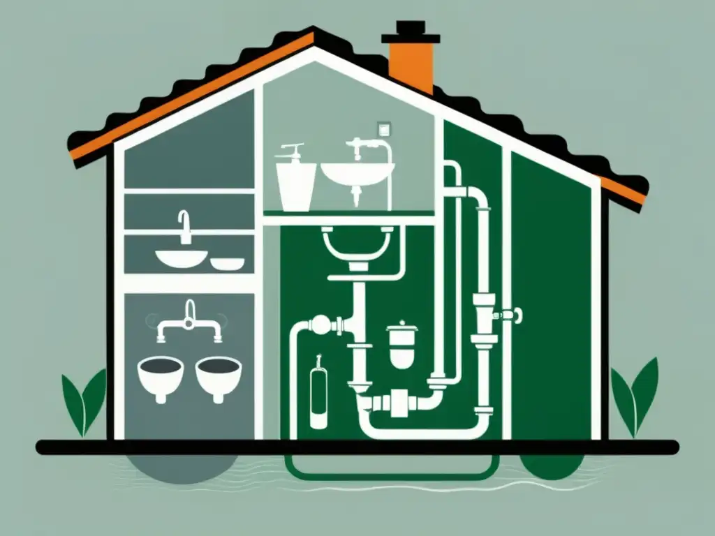 Diagrama minimalista de sistema de plomería con reciclaje de aguas grises, mostrando el flujo de agua hacia filtración para reutilización