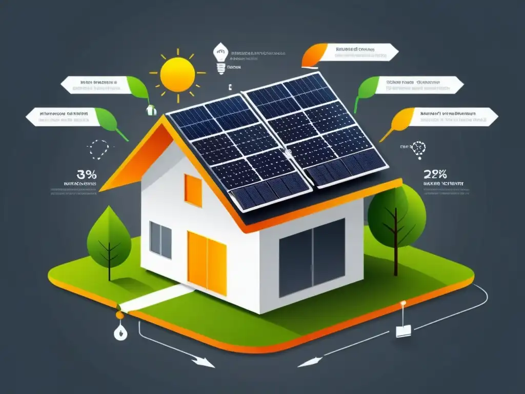 Un diagrama minimalista muestra técnicas avanzadas de reciclaje de energía en el hogar, con paneles solares, electrodomésticos eficientes y tecnología inteligente integrados para maximizar la eficiencia energética