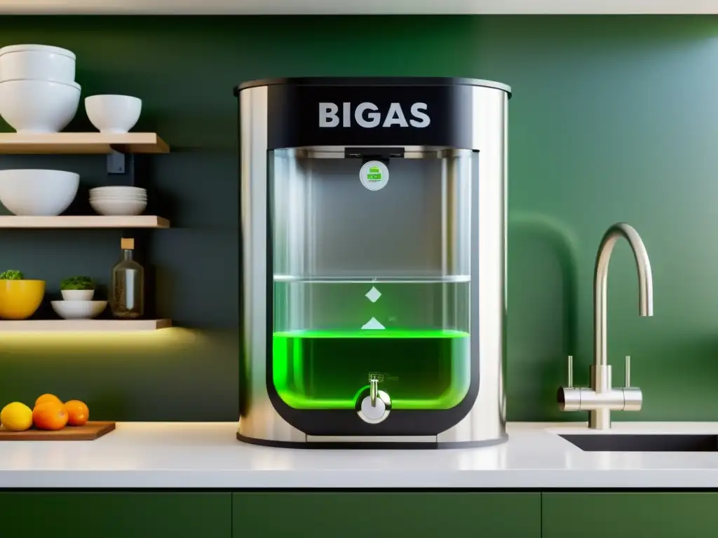 Un digestor de biogás moderno en una cocina sostenible, integrando tecnología de biowaste-to-energy