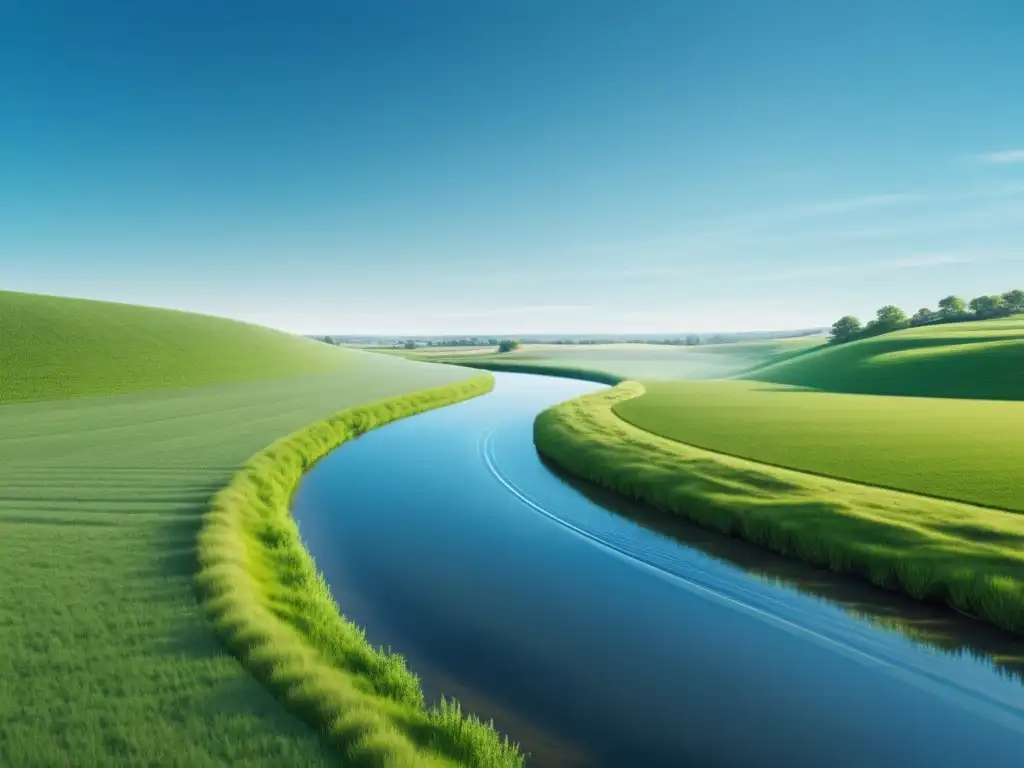 Ilustración digital serena de un río tranquilo entre campos verdes con cielo azul