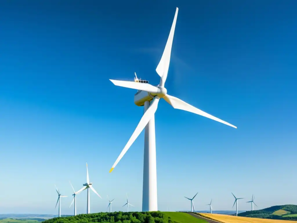 Diseño de aerogeneradores sostenibles: Imponente turbina eólica blanca y gris, en armonía con la naturaleza bajo el cálido sol